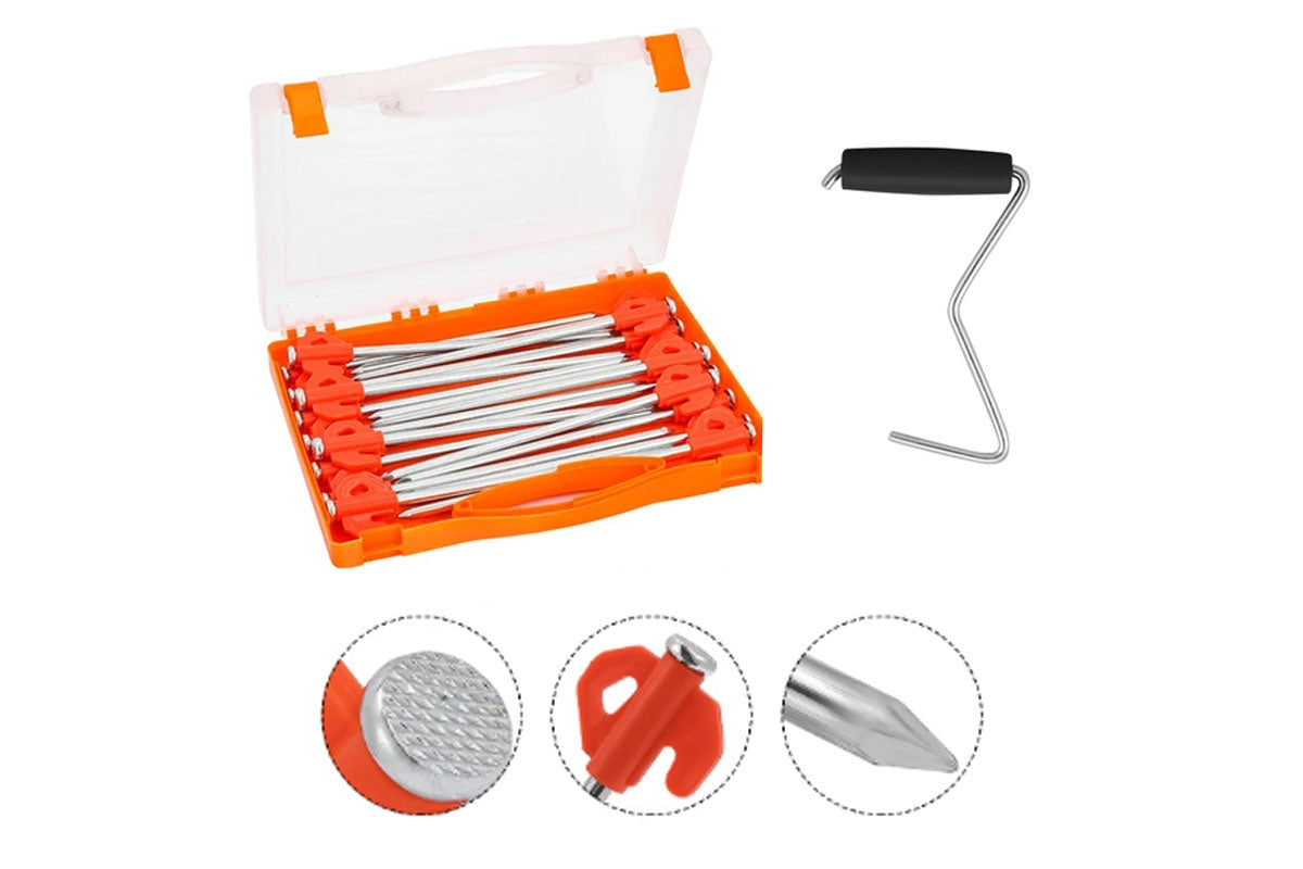 Orange steel camping tent peg with anti-slip hook