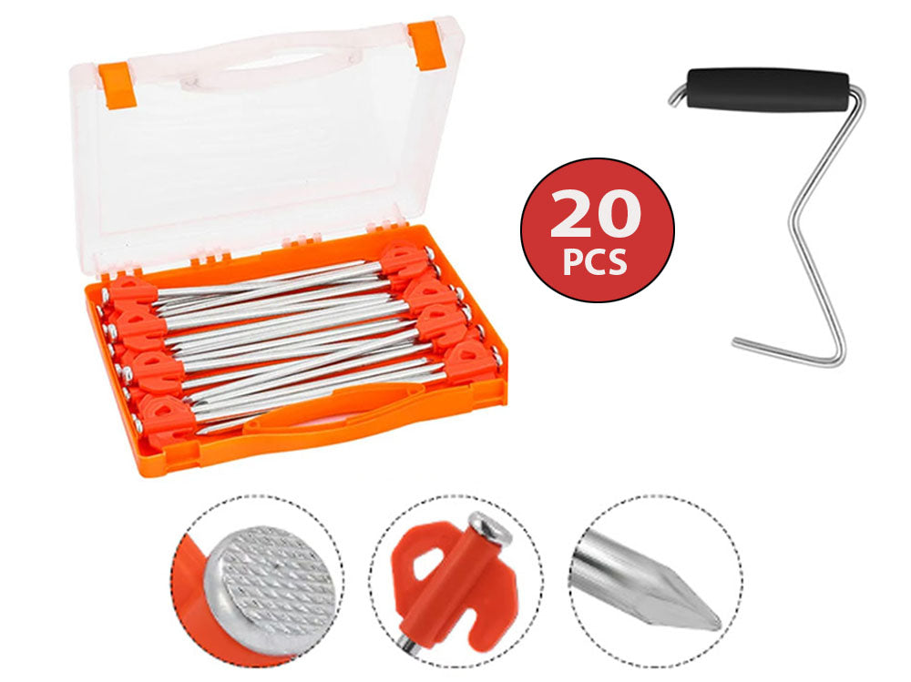 Set of 20 steel tent pegs in orange with storage box