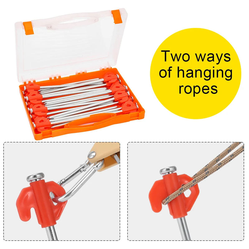 Camping tent peg showing quick-hanging hole detail