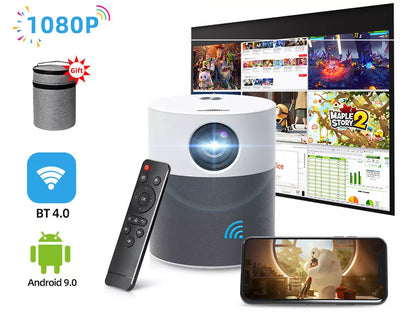Top view of Mini LED projector with power button visible