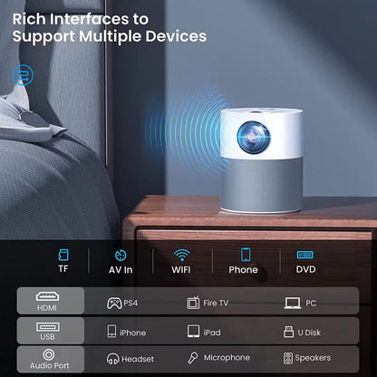 Mini LED projector connected wirelessly to mobile phone