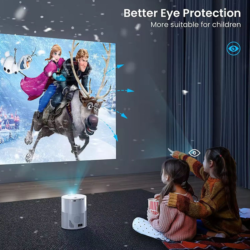 Mini LED projector showing compact size with carry bag