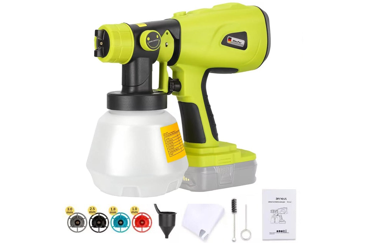 Close up of nozzle on cordless paint spray gun for Ryobi battery
