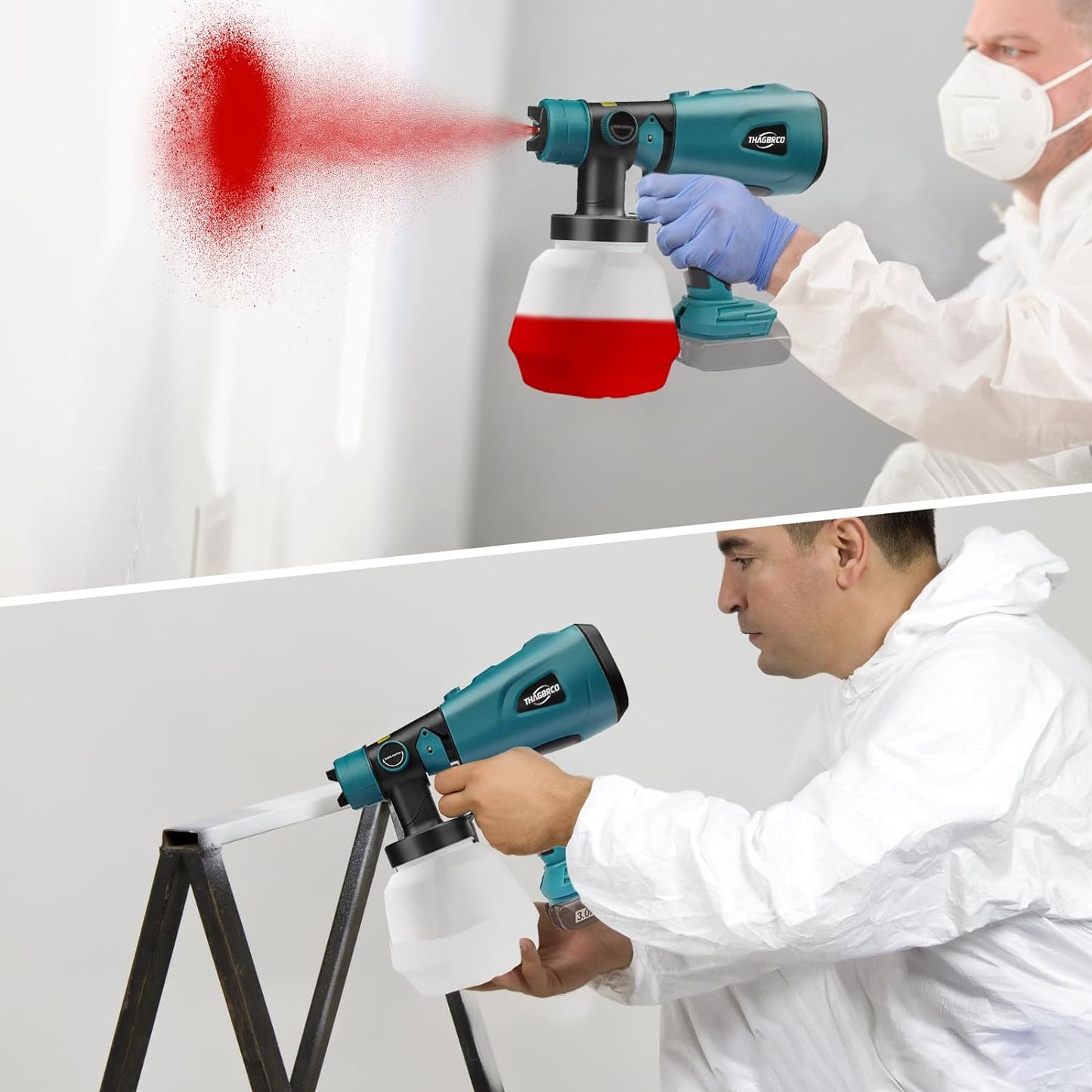 Electric paint sprayer with vertical spray pattern on garden fence