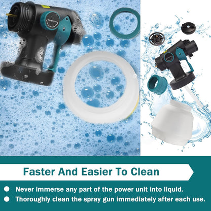 Electric paint sprayer showing circular spray pattern on metal surface