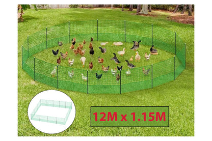 Black posts supporting the chicken netting fence structure