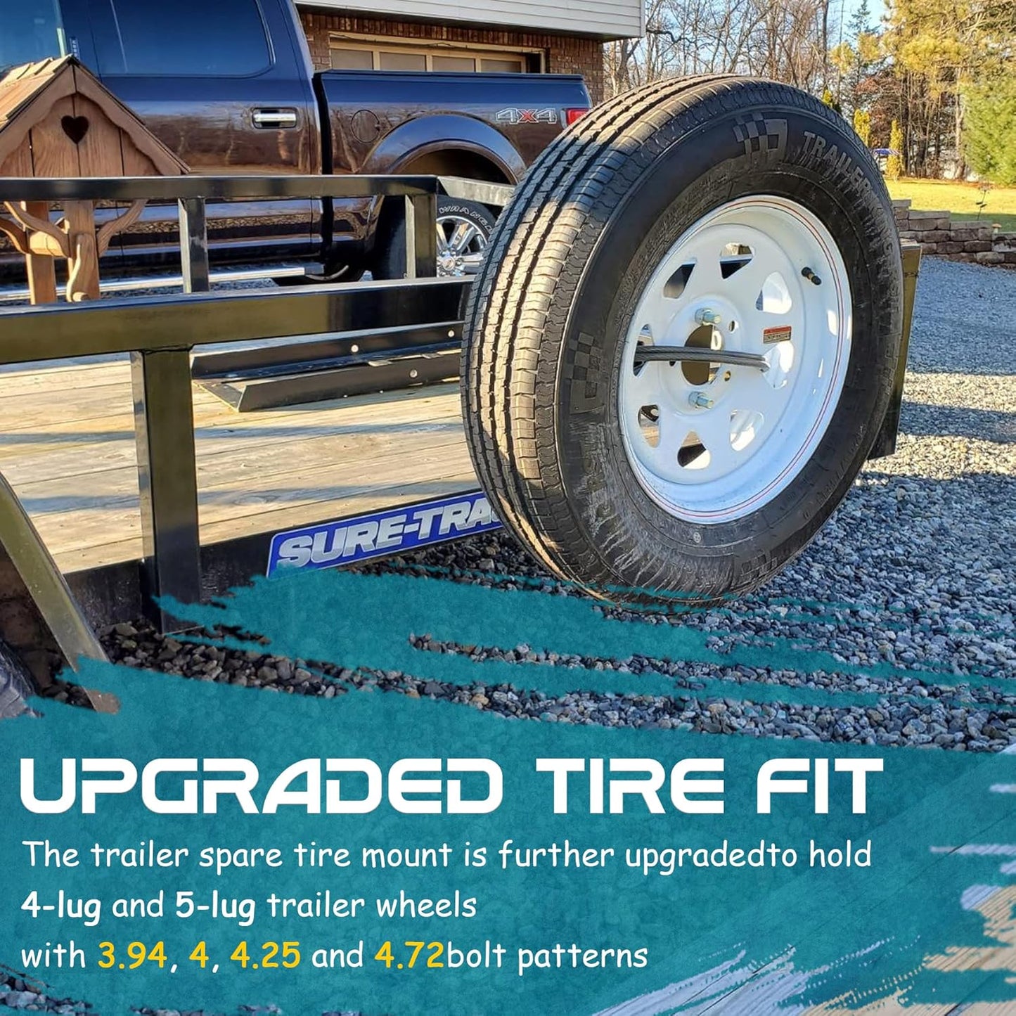 Trailer spare tyre carrier holding a 5 inch pattern trailer wheel