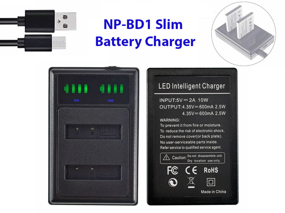 Sony NP-BD1 charger with dual USB ports for two batteries