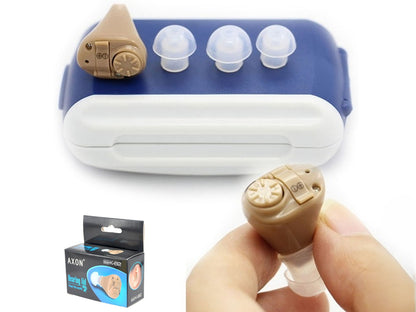 Hearing aid amplifier showing user manual and retail packaging