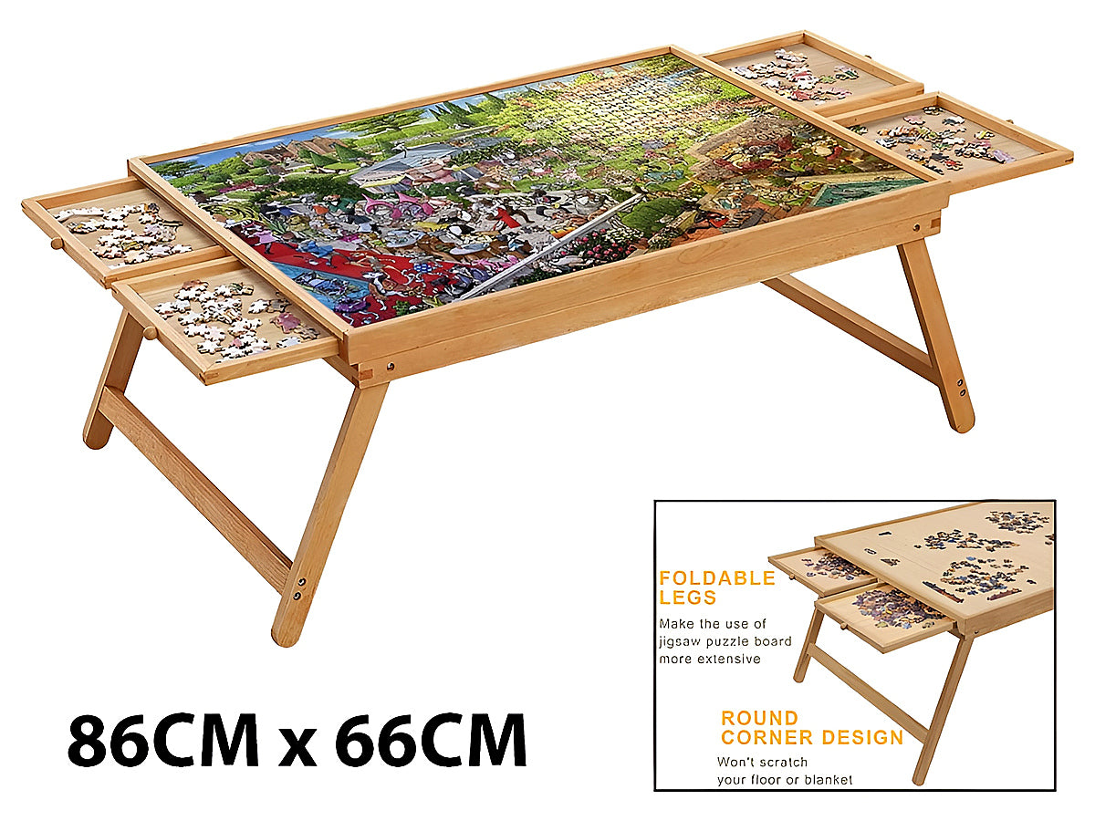 Side angle of puzzle table with folding legs in natural wood