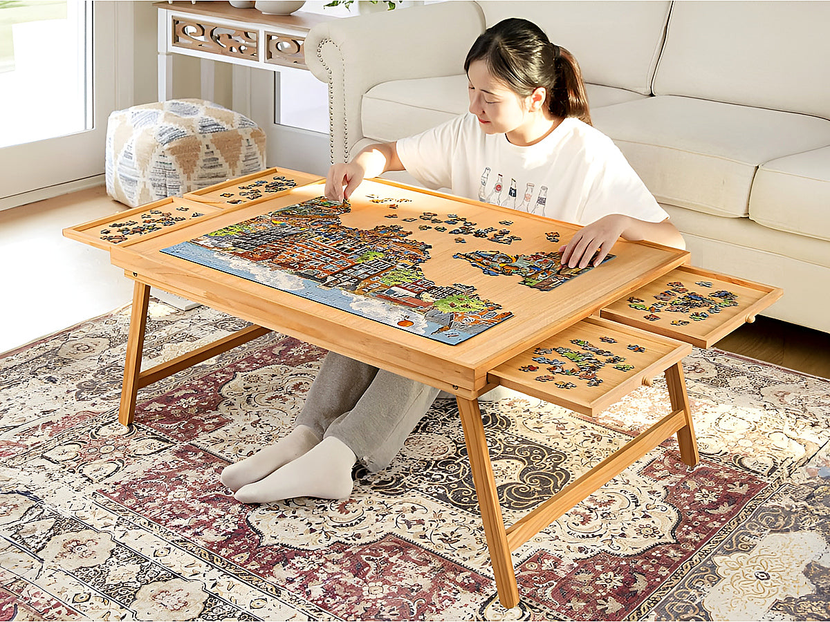 Protective cover on puzzle table keeping pieces dust free