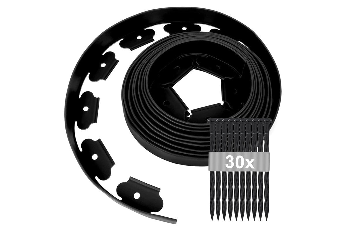 Close up of black lawn edging showing flexible material