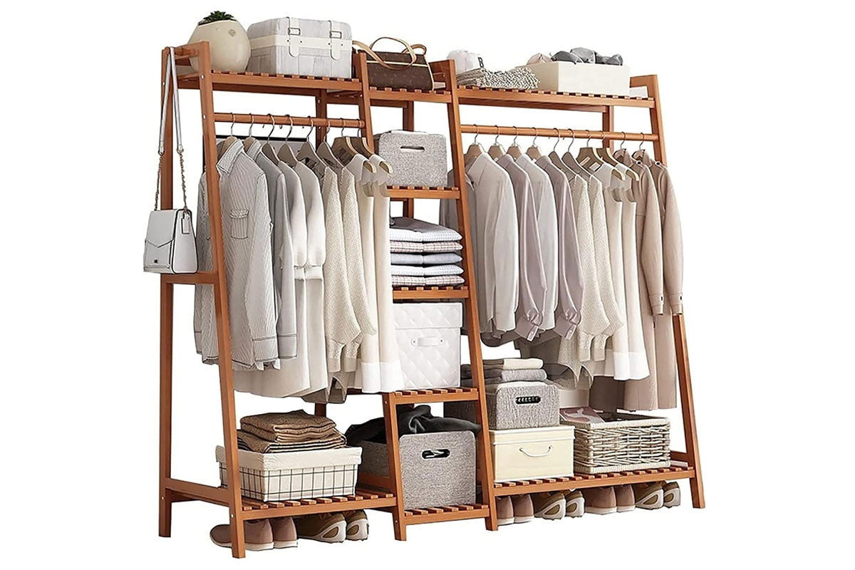 Side angle of bamboo wardrobe with shoe bench and shelves