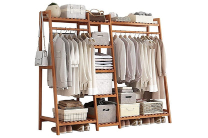 Side angle of bamboo wardrobe with shoe bench and shelves