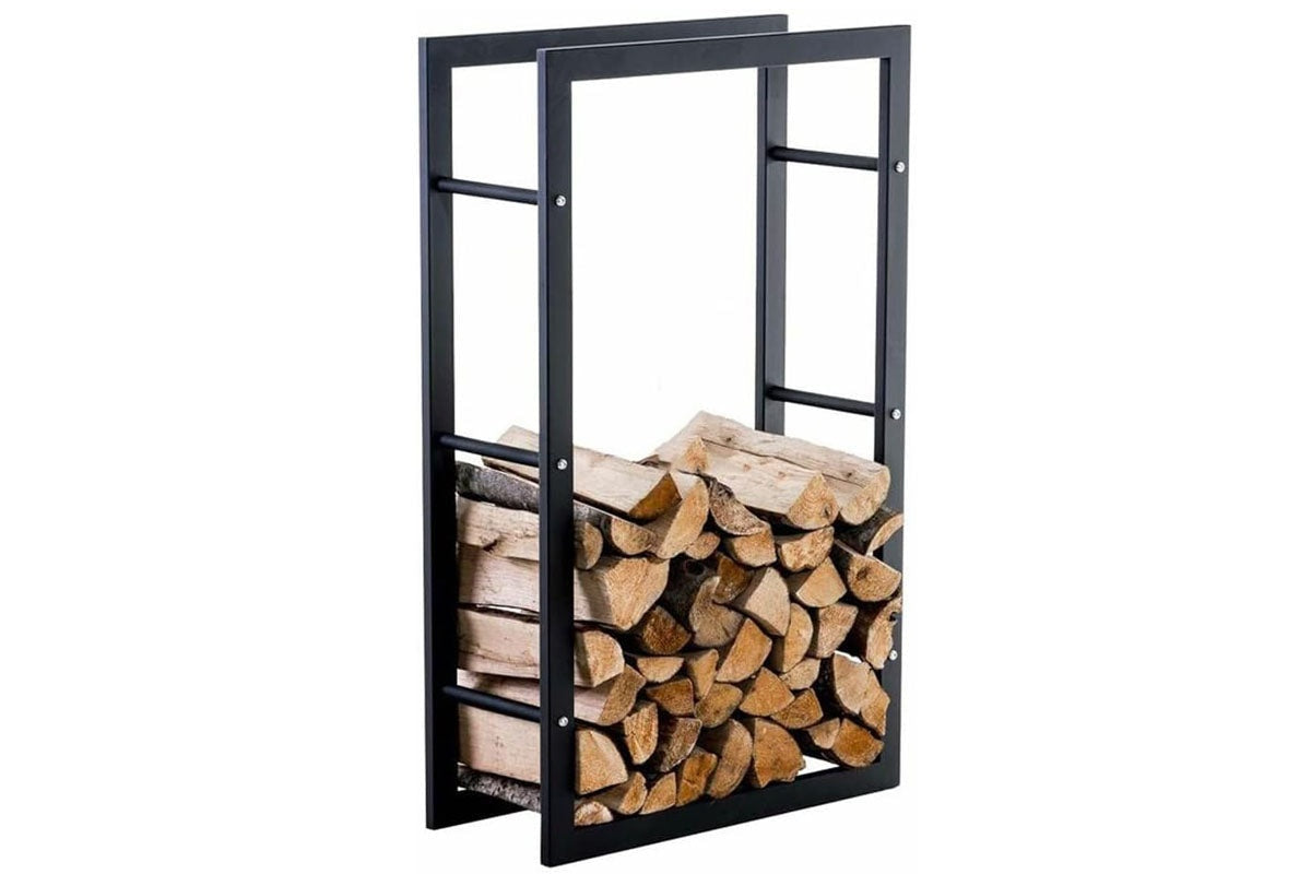 Large firewood rack holding stacked logs outdoors