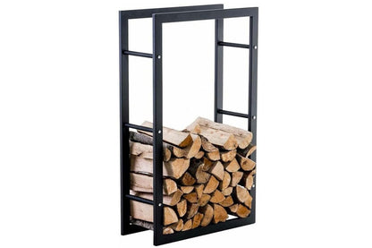 Large firewood rack holding stacked logs outdoors