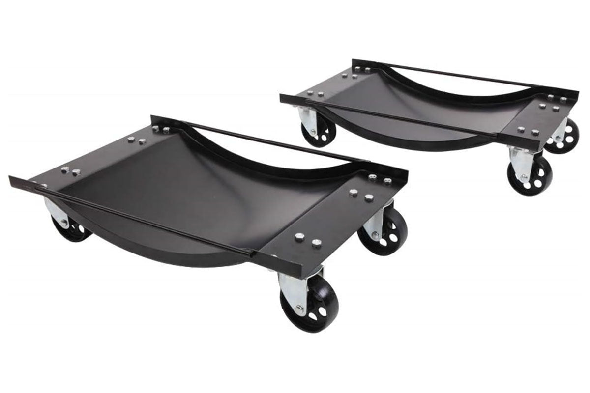 Wheel dolly pair holding a car tyre for moving