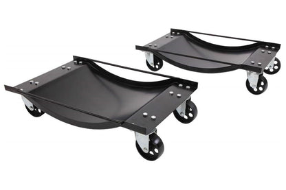 Wheel dolly pair holding a car tyre for moving