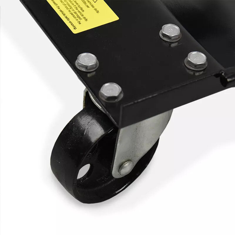 Side view of heavy duty wheel dolly with metal castors