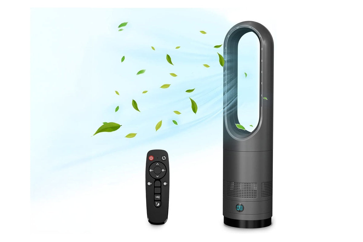 Side angle of bladeless fan tower fan with LED touch screen