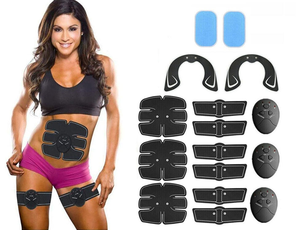 Black abdominal muscle stimulator with adjustable intensity levels