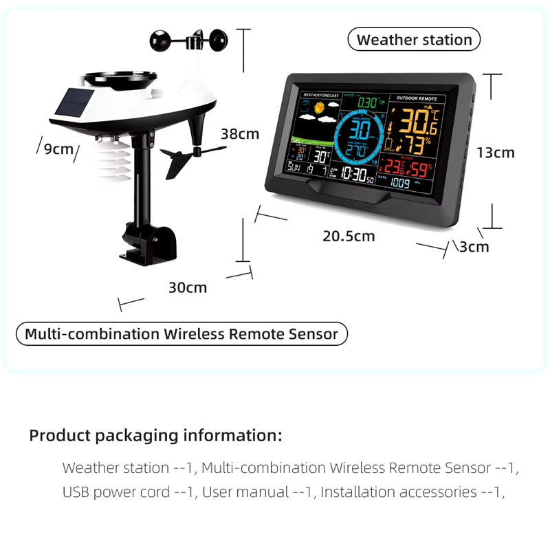 Side view of wireless weather station showing USB power cable connection