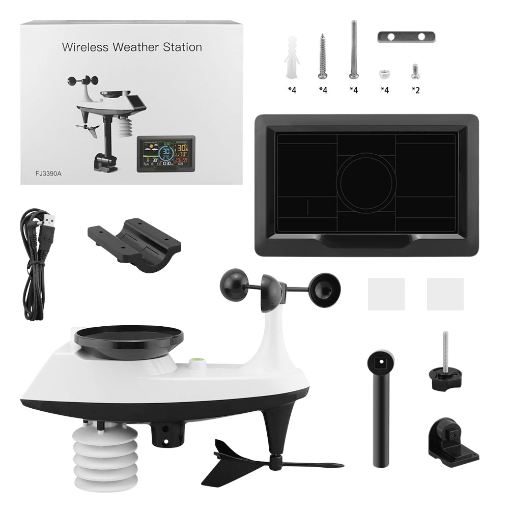 Wireless weather station displaying wind speed and direction on screen
