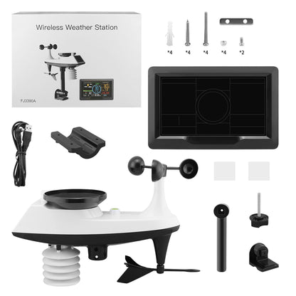 Wireless weather station displaying wind speed and direction on screen