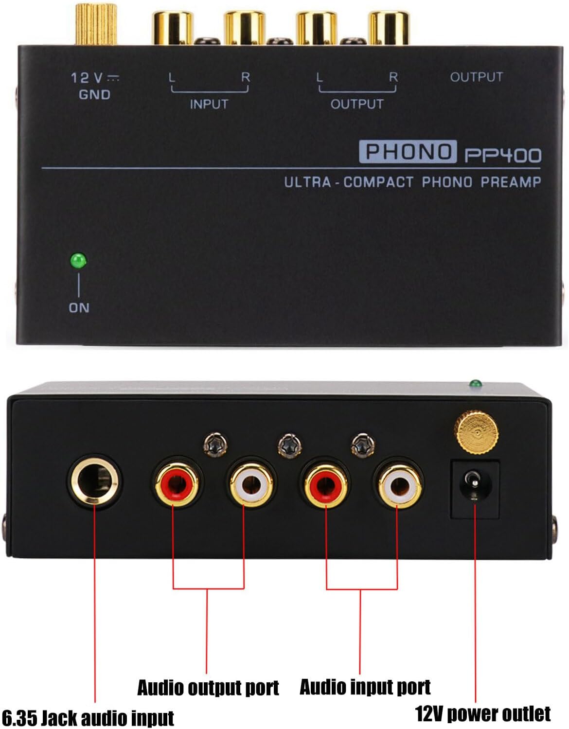Top view of compact Phono preamp PP400 with treble and bass controls