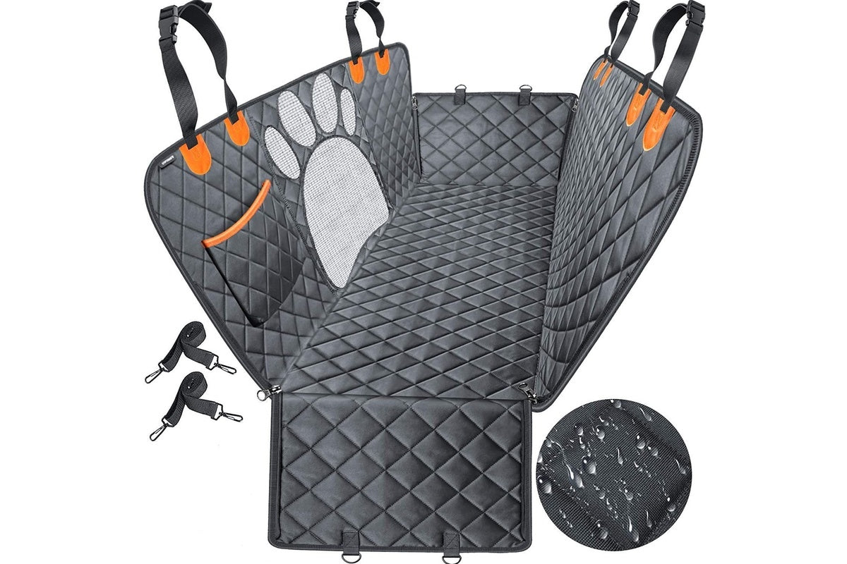 Waterproof dog car seat cover protecting back seat from spills