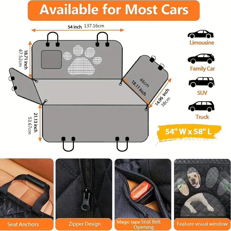 Side view of dog car seat cover with flaps protecting car doors