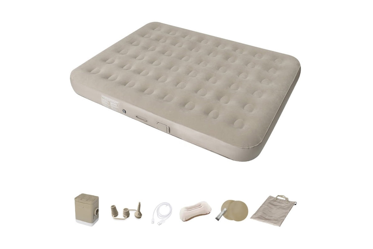 Close-up of built-in pump on queen size inflatable mattress