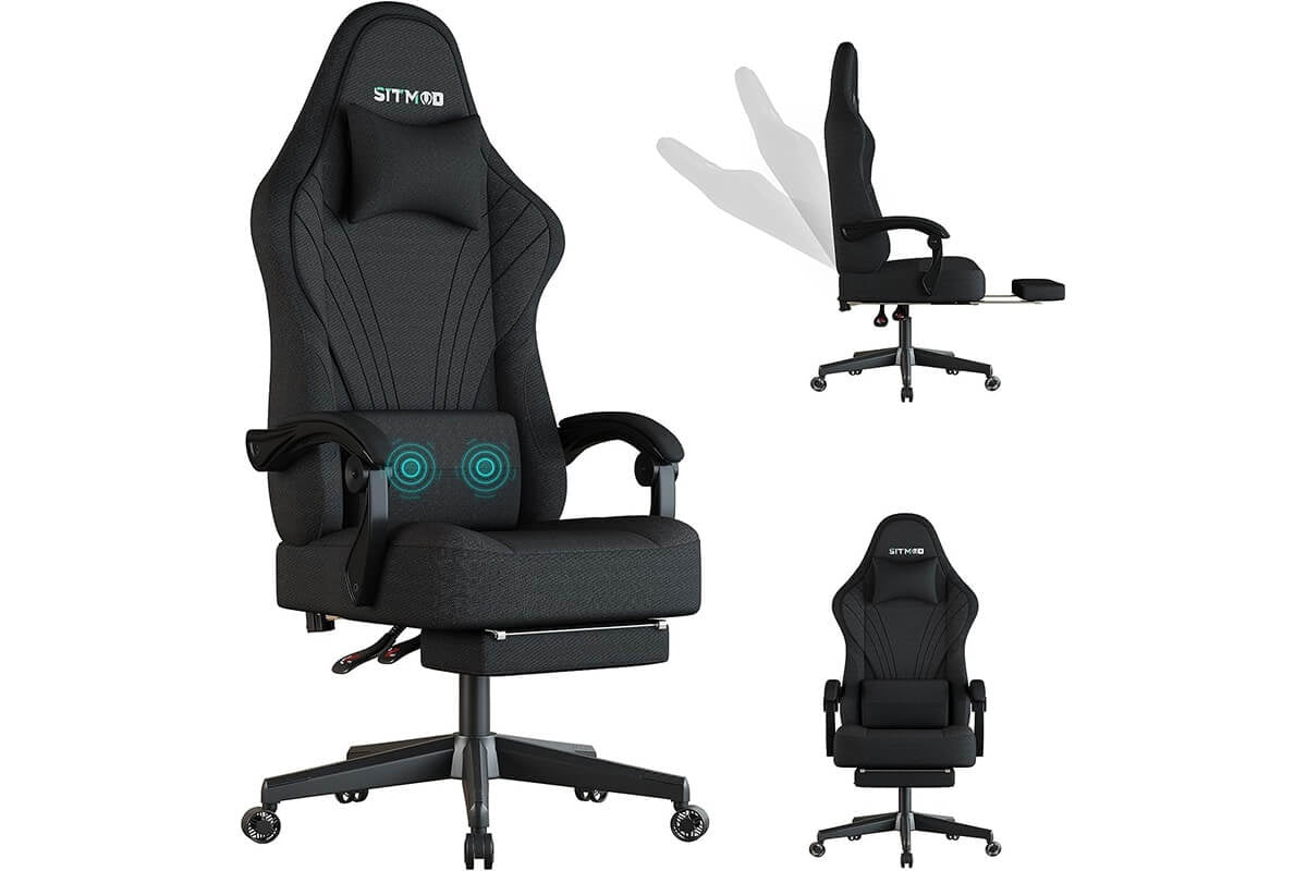 Side angle of ergonomic gaming chair with footrest extended