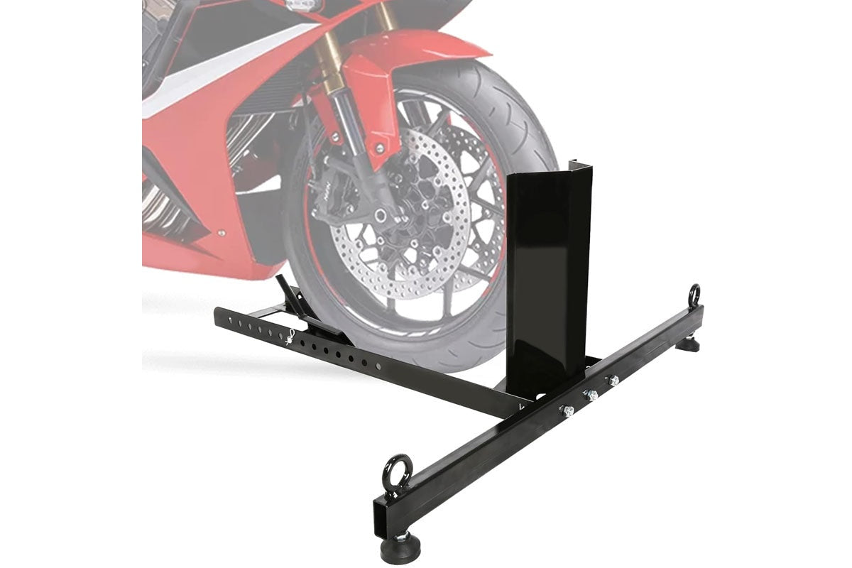Close up of motorcycle wheel chock bike stand locking mechanism
