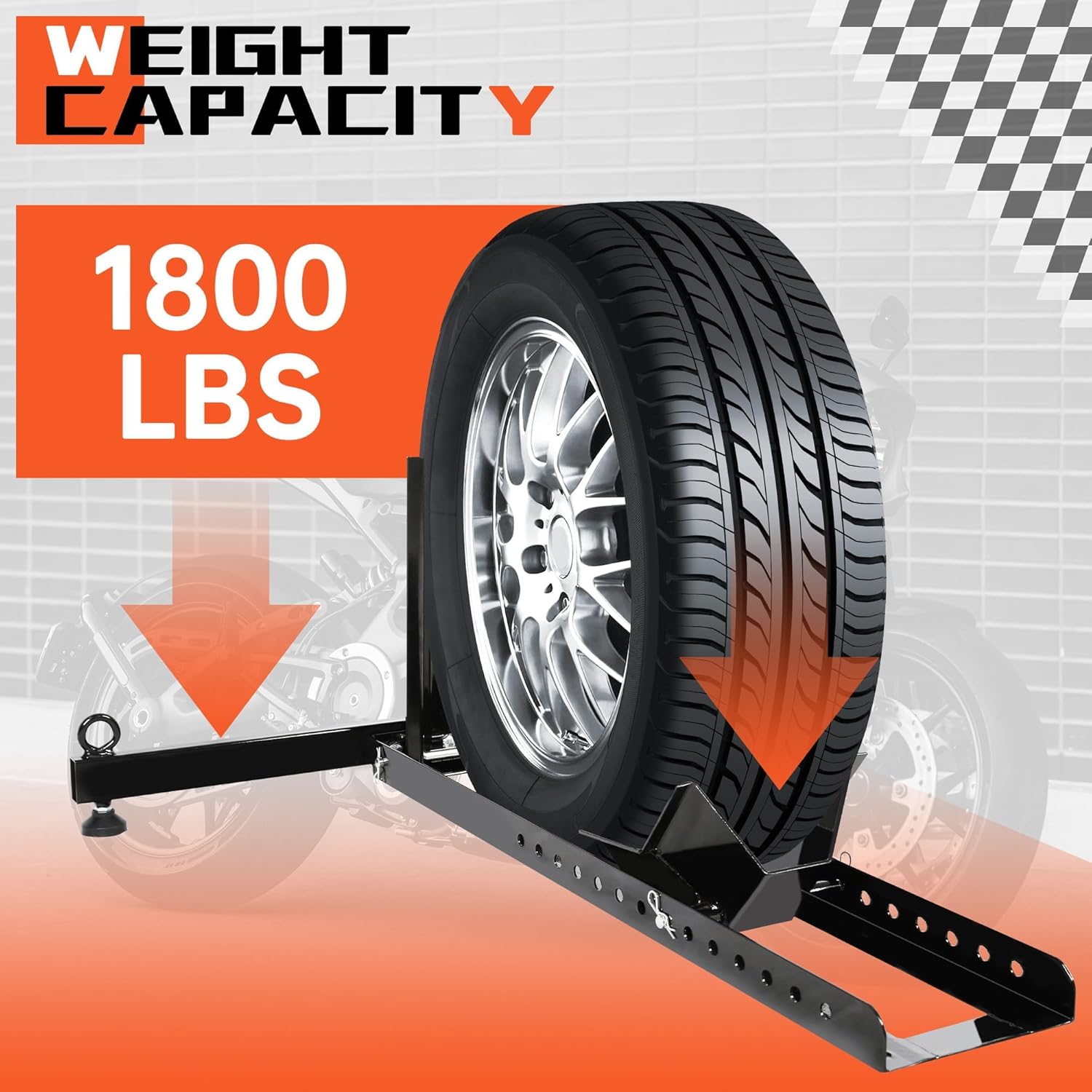 Top angle of motorcycle wheel chock bike stand with tyre support