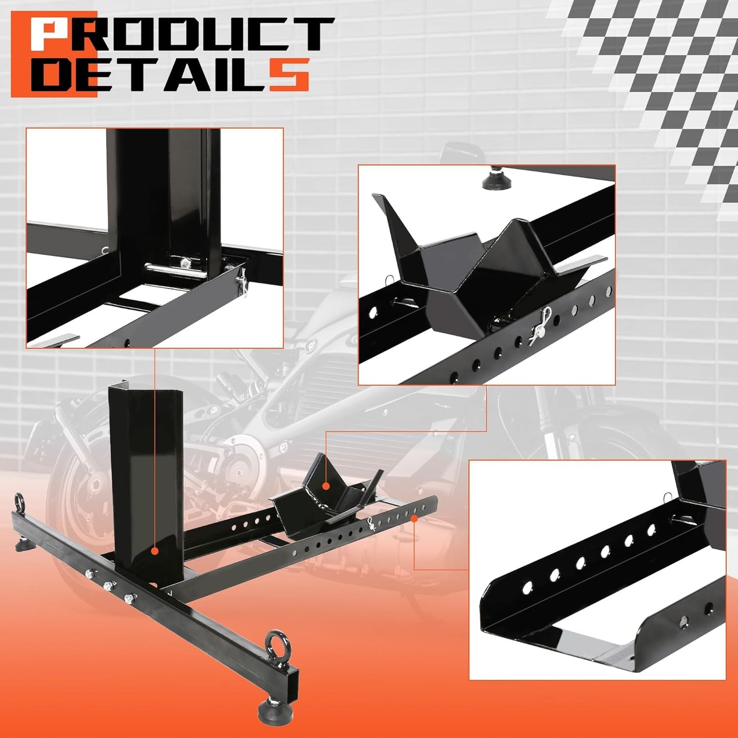 Motorcycle wheel chock bike stand showing tyre size compatibility