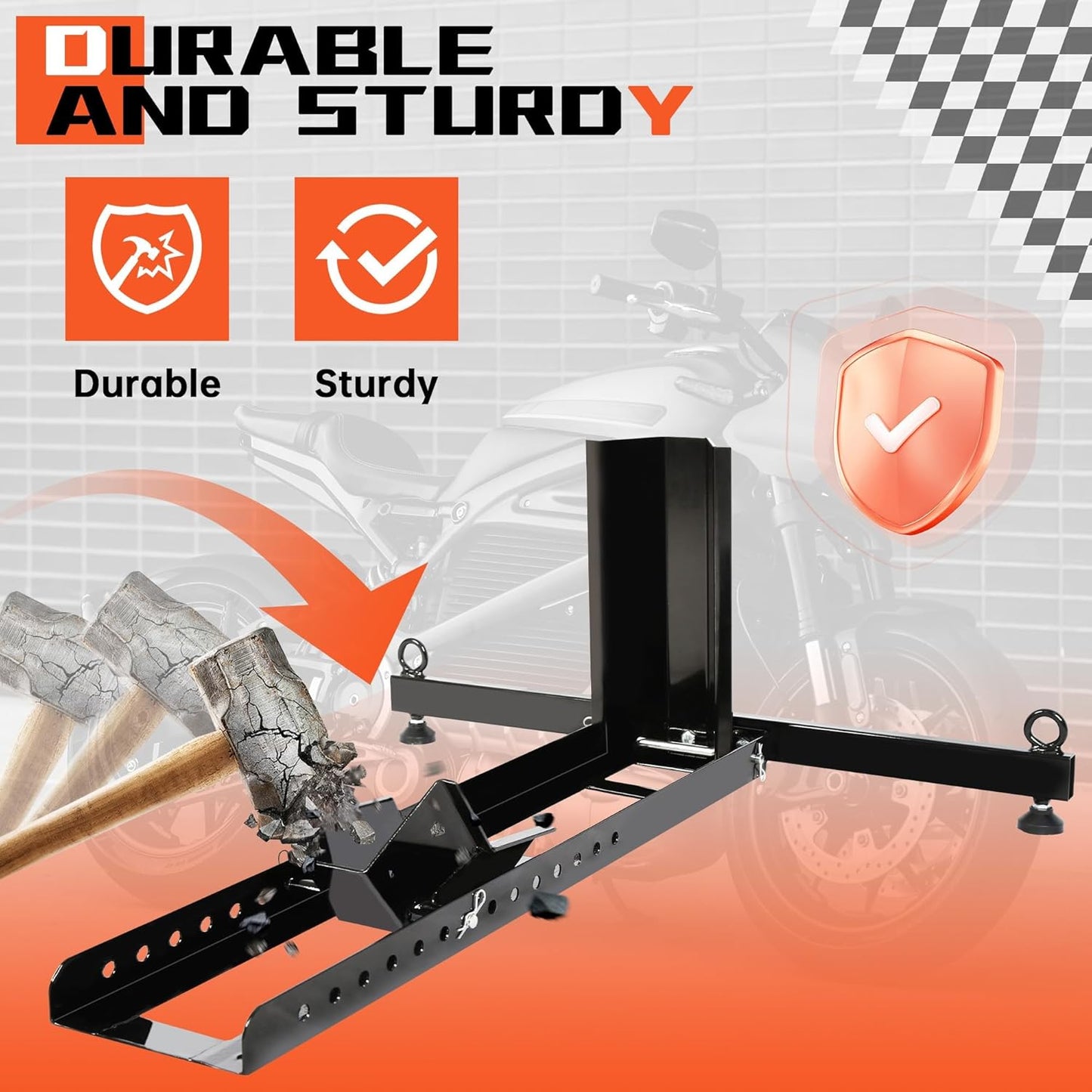 Motorcycle wheel chock bike stand in garage storage use
