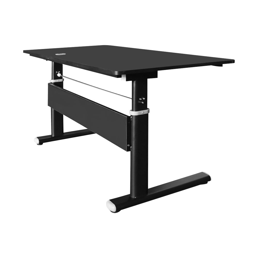 Close up of white solid wood particle board desktop on height adjustable desk