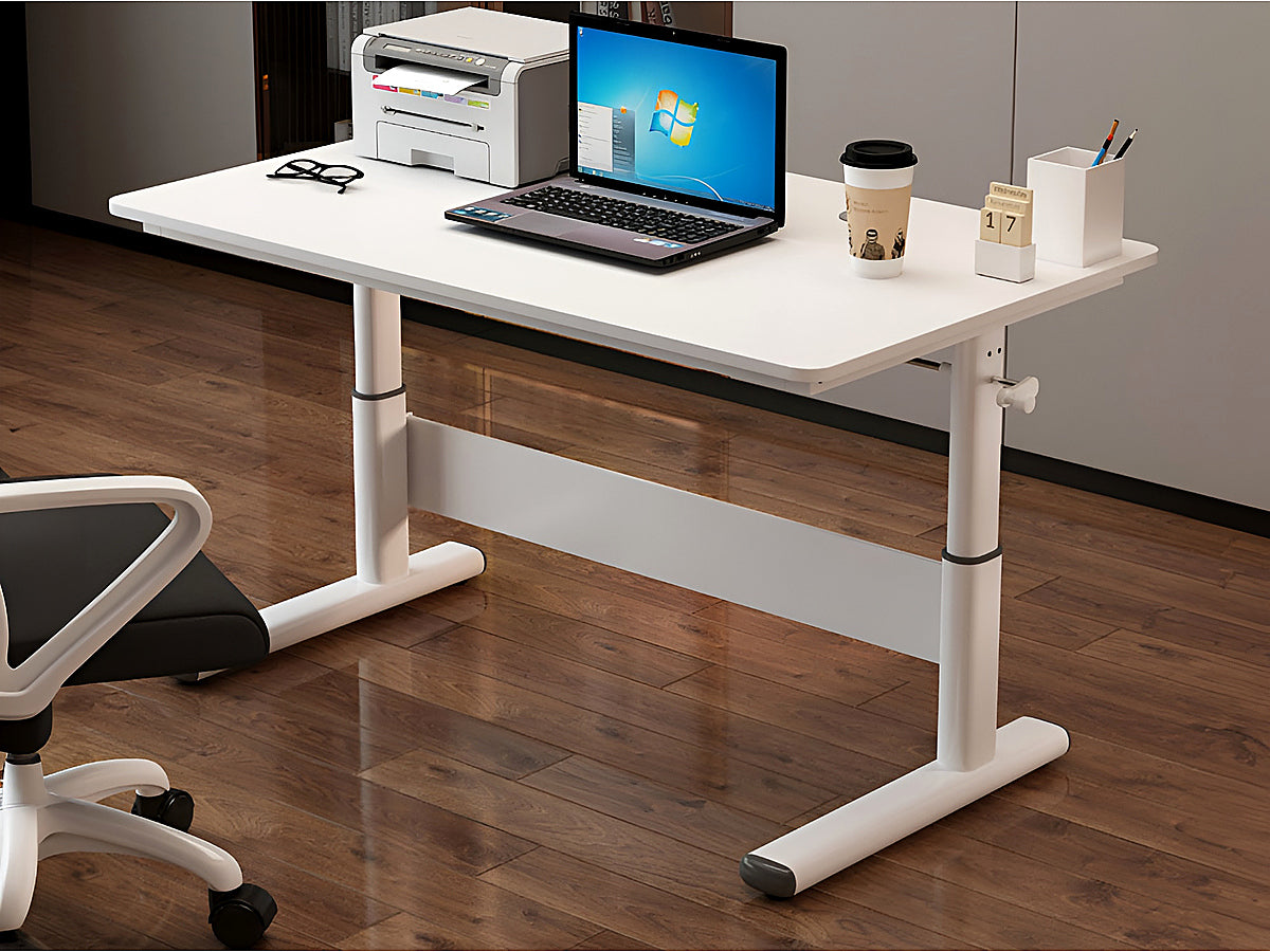 Side angle of height adjustable desk table with steel frame