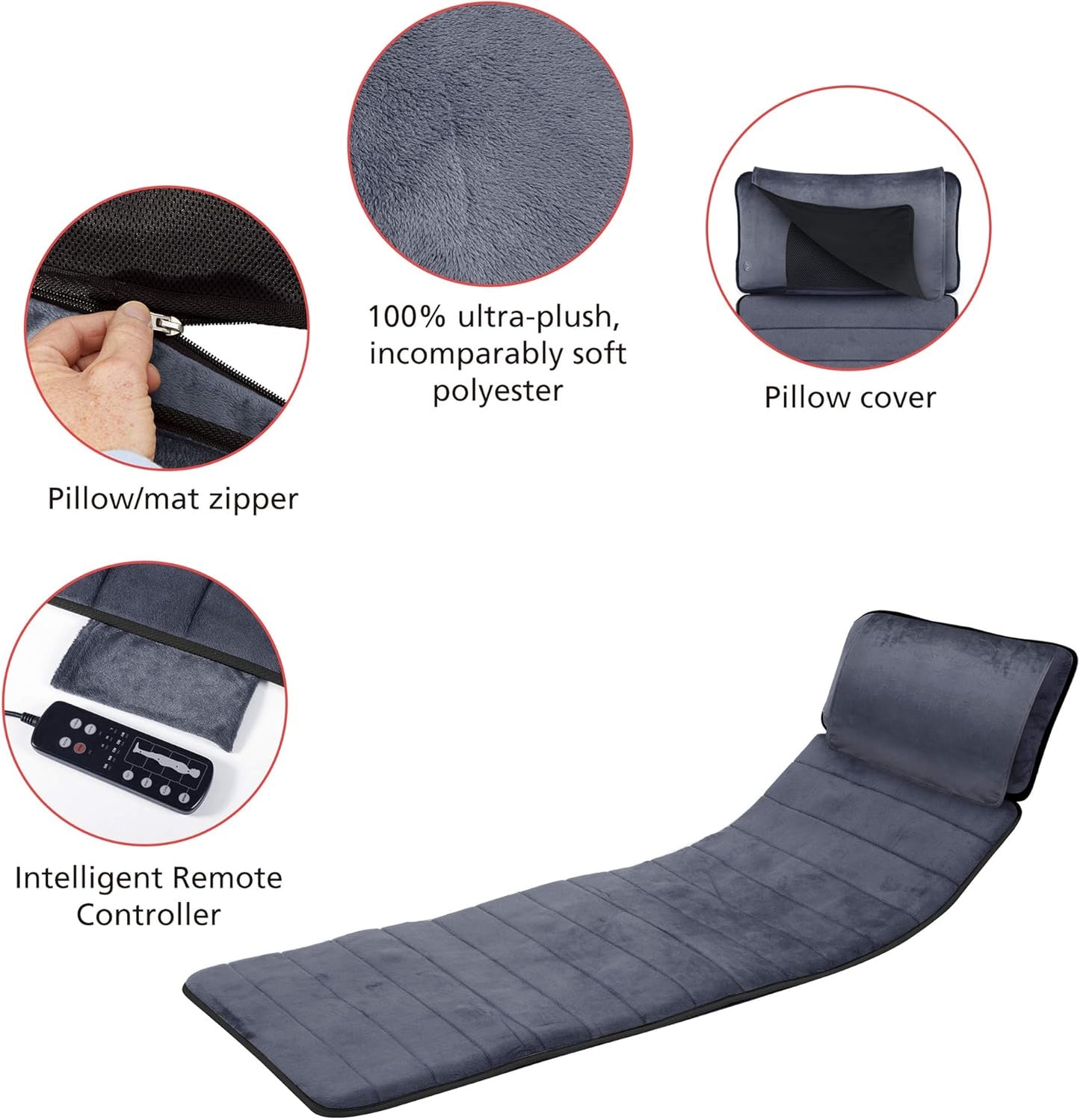 Leg area of massage mattress with vibration and heat zones