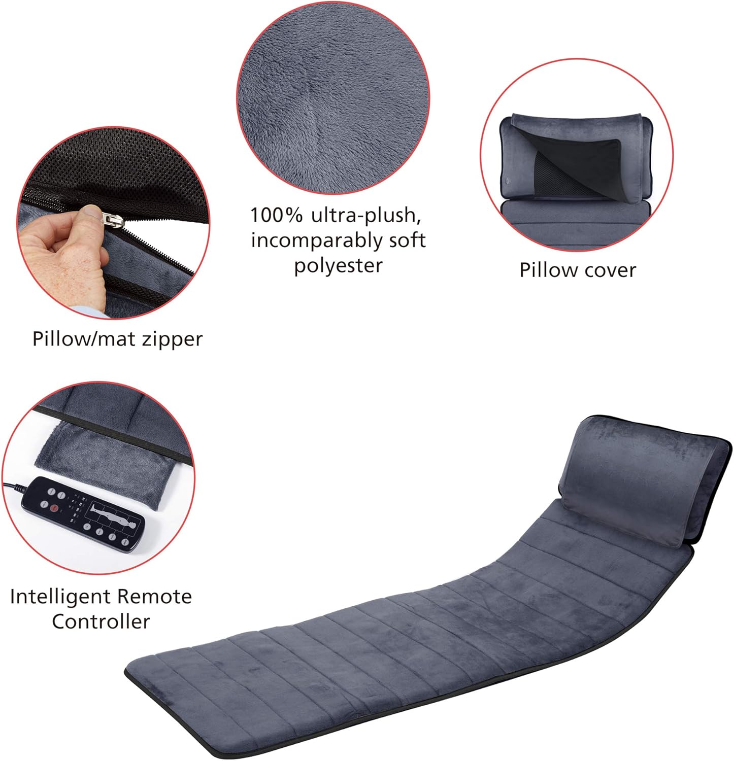Leg area of massage mattress with vibration and heat zones
