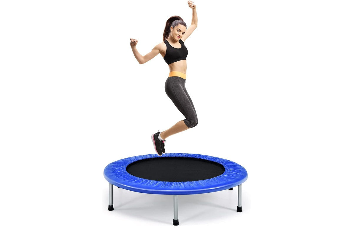 Side view of mini trampoline rebounder with safety pad and six legs