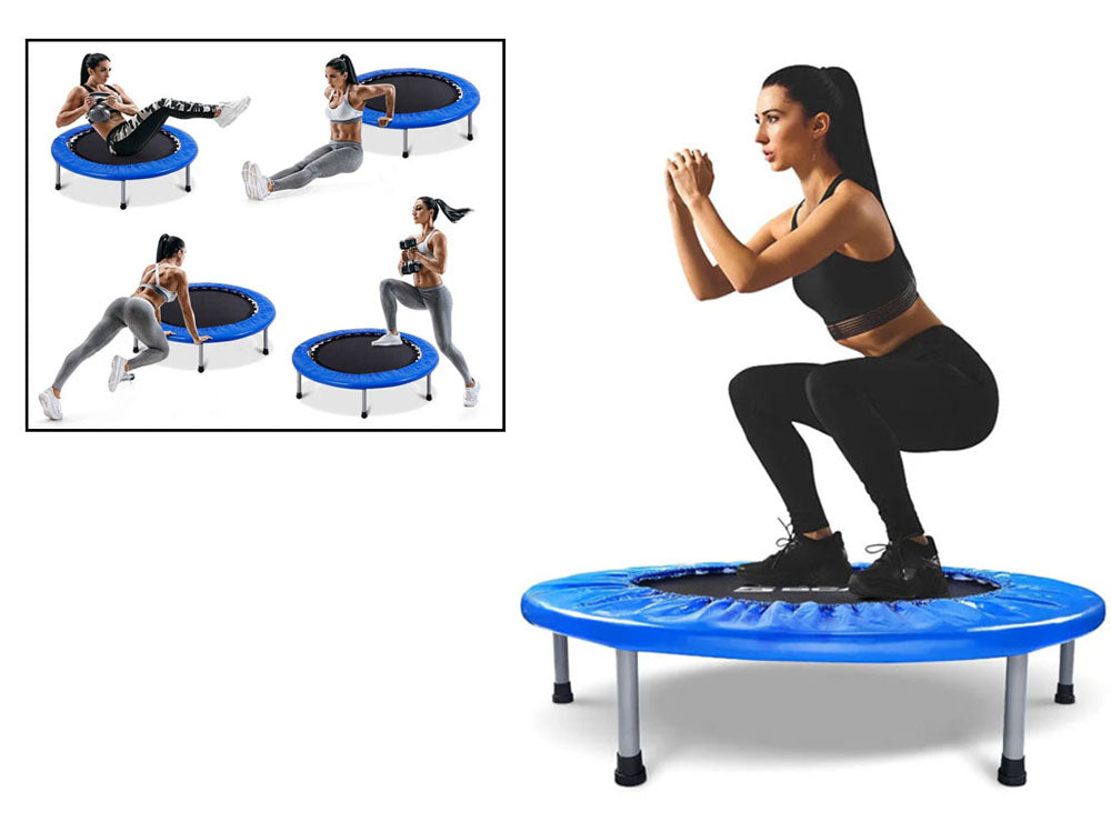 Blue mini trampoline placed outdoors on grass