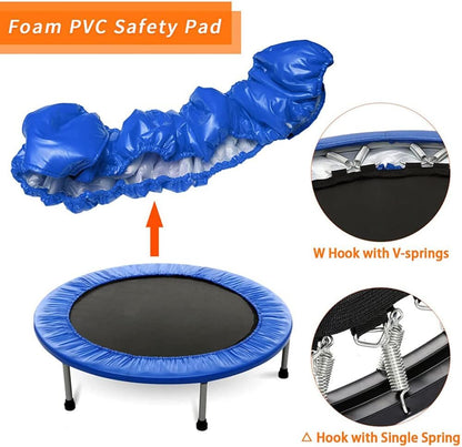 Top angle of blue mini trampoline with protective cover