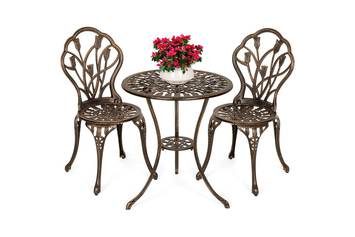 Close up of bronze cast aluminium floral pattern on chair backrest