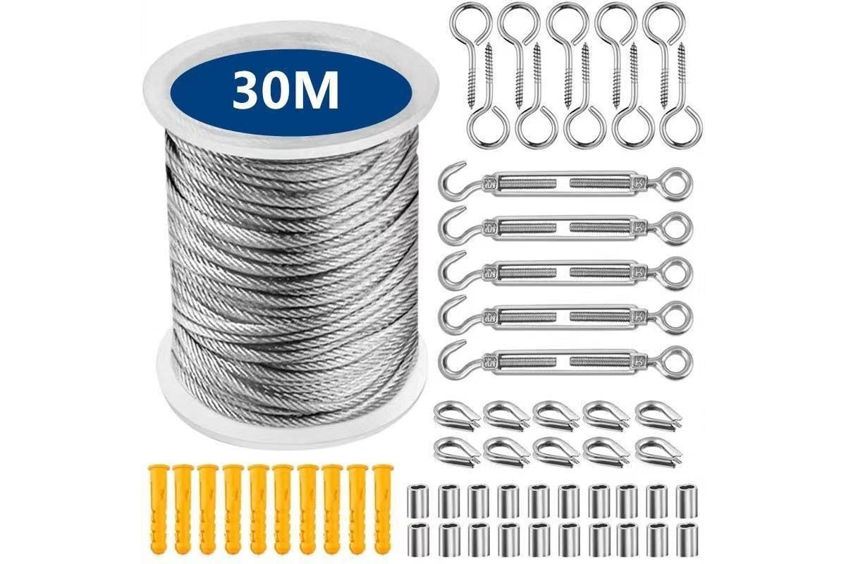 Close up of stainless steel wire rope cable showing coated surface