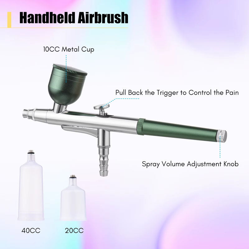 Air brush kit displaying 3 different sized paint cups