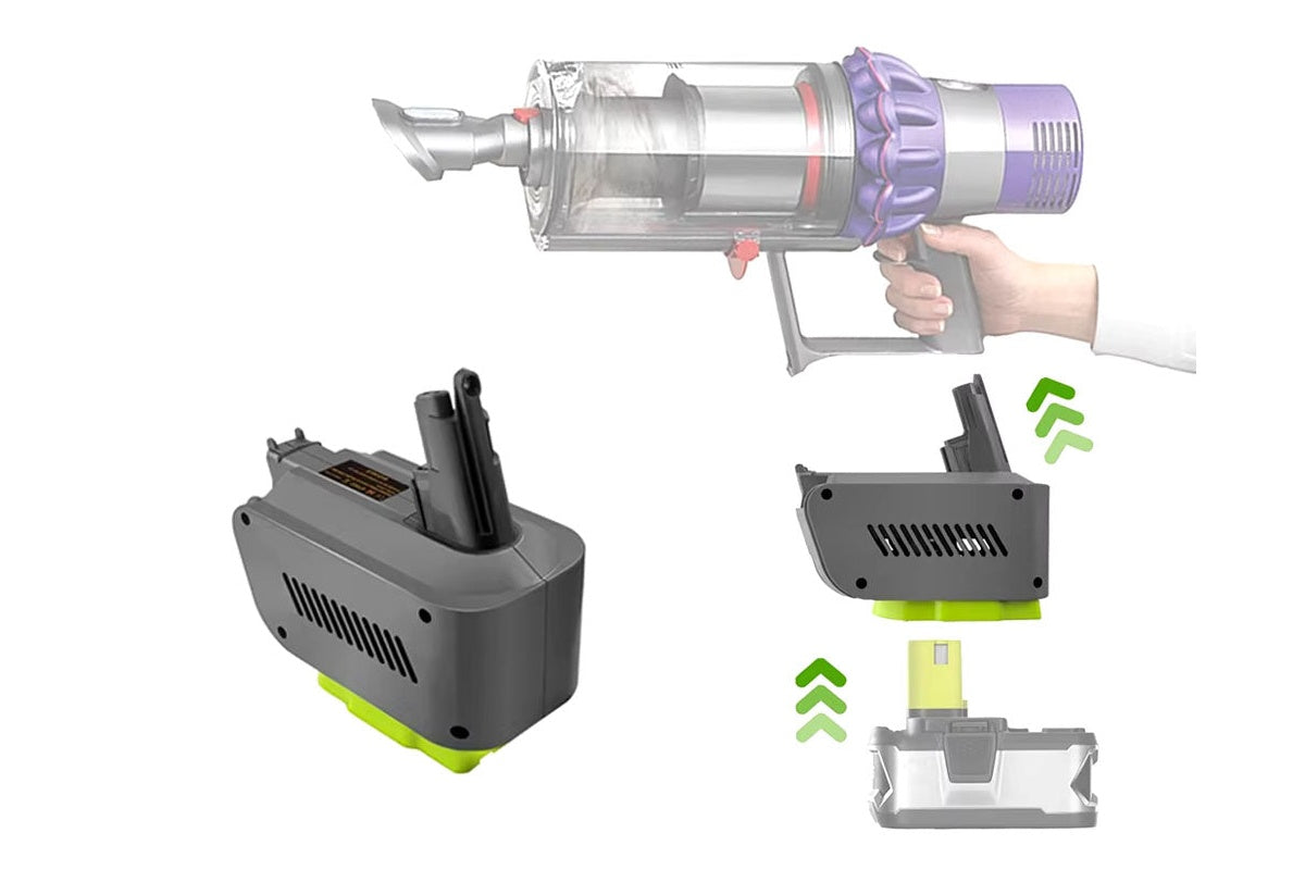 Side view of Dyson V10 adapter for Ryobi 18V lithium battery