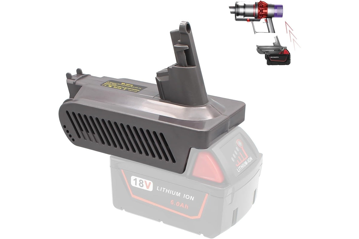 Side angle of Dyson V10 battery adapter for Milwaukee 18V battery