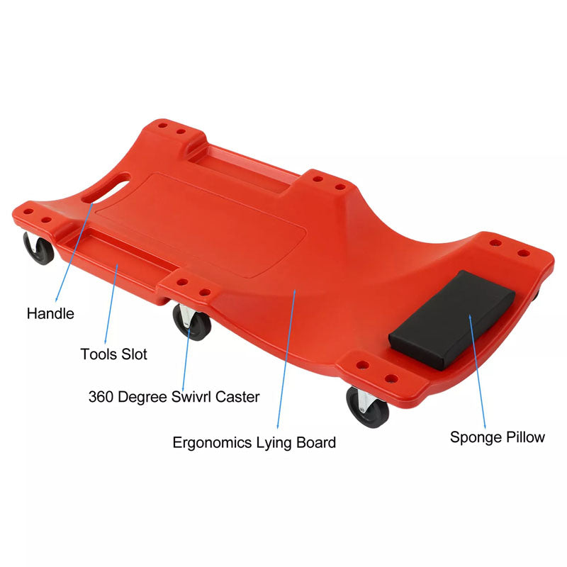 Underneath view showing six rotatable wheels on garage creeper